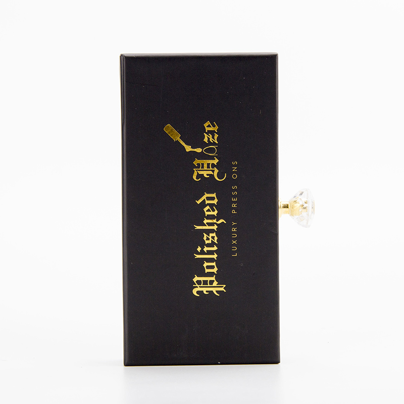 Prensa cosmética personalizada con logotipo de oro negro mate en la caja de embalaje de clavos 