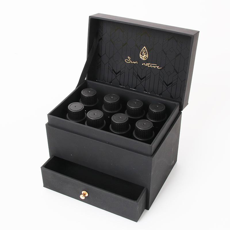 Caja de exhibición de embalaje de suero de ampolla de 8 piezas de papel suave al tacto negro personalizado de lujo 